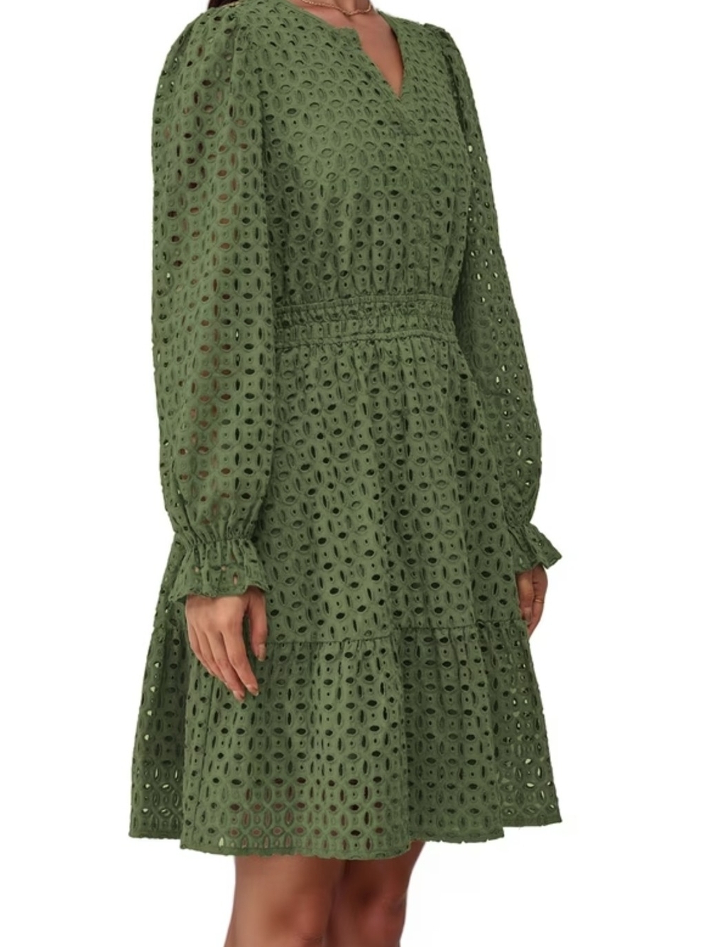 Eyelet Tiered Long-Sleeve Dress in Olive Green